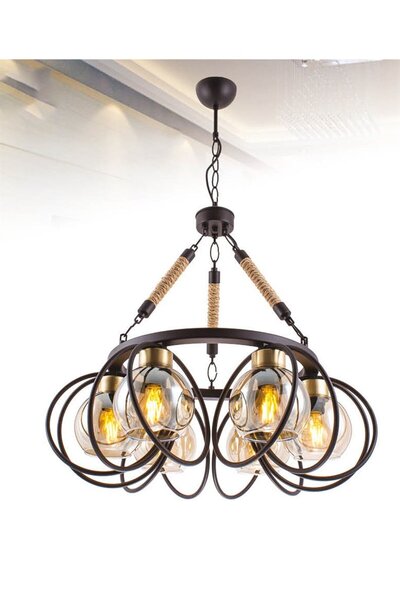 Sedef 6 Kollu E27 Duy Siyah / Eskitme Metal Bal Camlı Halat Ile Dekore Edilmiş Retro Sarkıt Avize