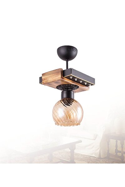 Sedef Tekli E27 Duy Siyah Renk Metal Eskitme Yanık Ahşap Retro Bal Camlı Led Tepsili Avize