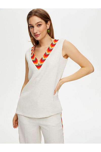 Faik Sönmez Colorful Embroidered Collar Self-Textured Tank Top Faik Sönmez