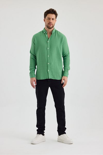 macharel jeans Ανδρικό ύφασμα μουσελίνας 100% βαμβακερό μακρυμάνικο πουκάμισο με άνετη εφαρμογή