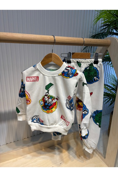 Canbi Kids طقم بدلة رياضية بيضاء مكونة من قطعتين مطبوع عليها شخصية الصبي