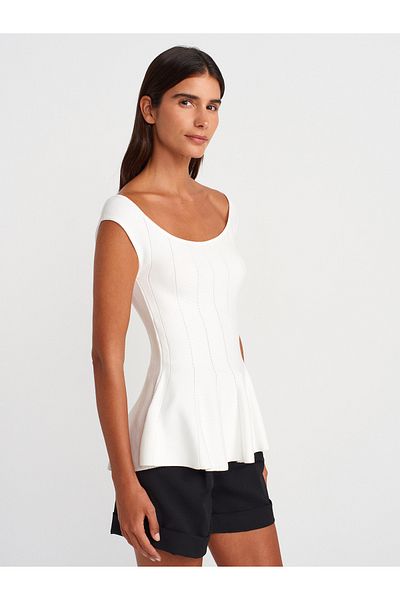 Dilvin 10741 Boat Neck Flounce Knitwear Blouse-Ecru