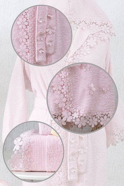 TİNİMİNİ HOME Σετ γυναικείο μπουρνούζι Rosa Laced Laced | 6 τεμάχια | Σετ μπουρνούζι | Ροζ | 100% βαμβάκι | Σετ προίκας