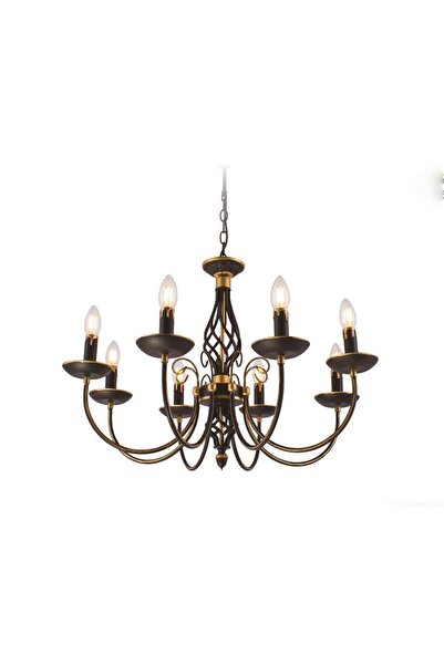 Sedef 8 Kollu E14 Duy Siyah / Gold Eskitme Sarkıt Kollu Avize