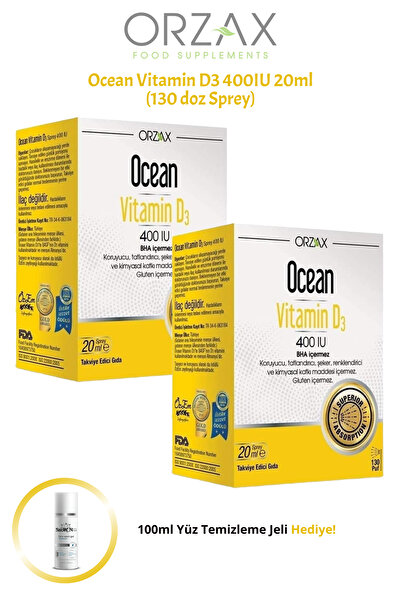 Ocean Çocuklar İçin Koruyucu İçermeyen Vitamin D3 400 IU 20 ml Sprey 2 ADET + 100ml Jel Hediye
