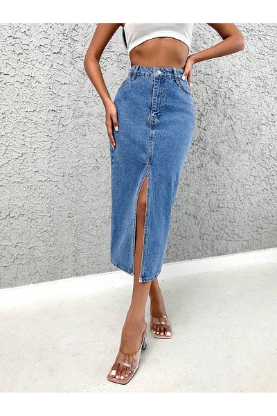 Dema Women's Denim Stretchy Fabric Slit Long Skirt