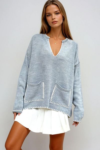 VAGGON Women's Gray V-Neck Embroidery Detailed Double Pocket Knitwear Sweater Prmx12742