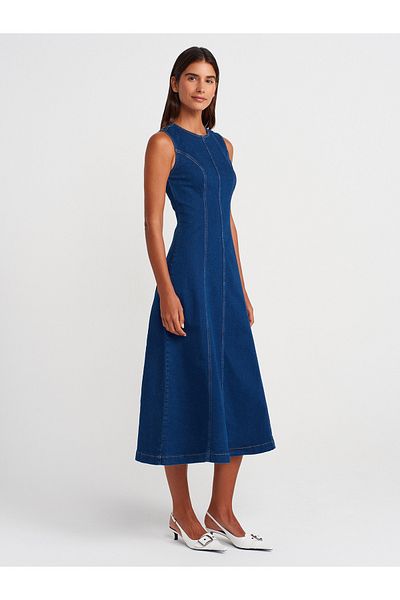 Dilvin 90553 Μακρύ Τζιν Φόρεμα Lycra-Μπλε