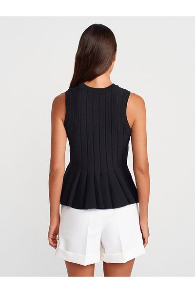 Dilvin 10740 Crew Neck Flounce Knitwear Blouse-Black