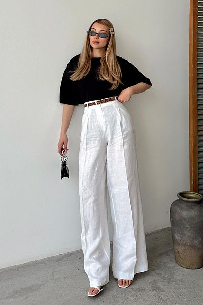 Olcay Pantaloni confortabili din in - alb 7578 cu centură și accesorii