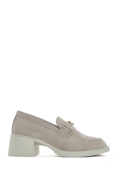 Derimod Women's Beige Buckle Thick Heeled Suede Leather Masculine Loafer 25Sfd 510610