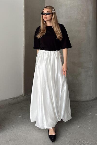 Olcay White Balloon Satin Skirt with Elastic Waist 7058