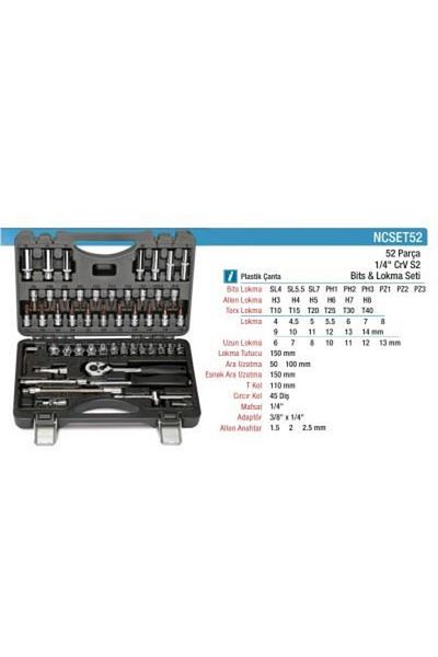Nt Tools طقم لقم مكون من 52 قطعة مقاس 1/4 بوصة ومقبس سداسي - Ncset52