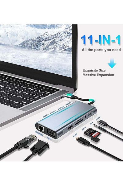 COOYA محطة إرساء USB C HUB، 11 في 1 مع HDMI بدقة 4K، VGA، RJ45 Ethernet، قارئ بطاقات SD/TF، AUX 3.5 مم