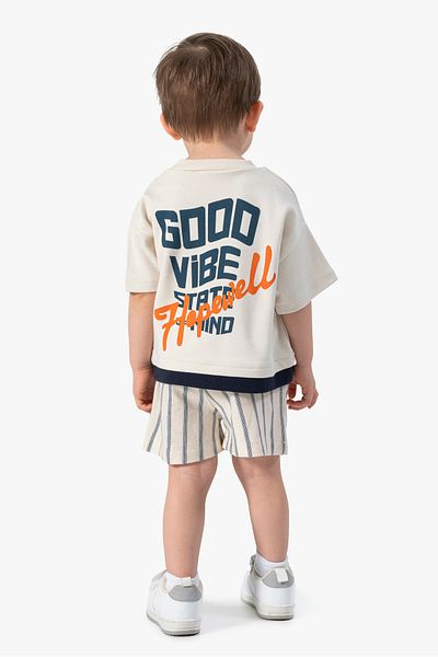 damdamin 100% Cotton Baby Boy Front & Back Printed T-Shirt & Pocket Elastic Waist Striped Shorts Set