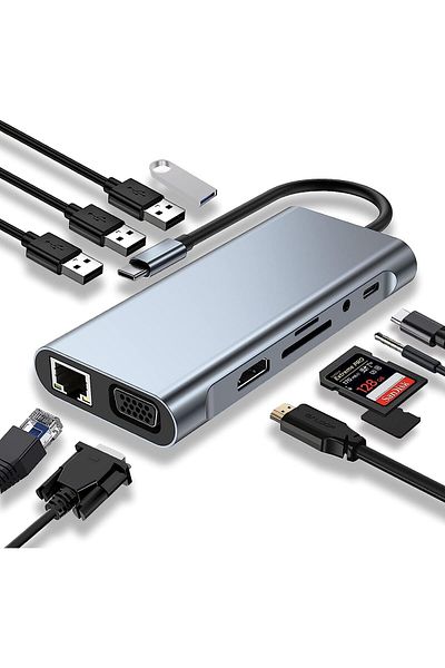 COOYA USB C HUB, 11 in 1 USB C Docking Station, 4K HDMI, VGA, USB3.0, RJ45 Ethernet, SD/TF Card Reader