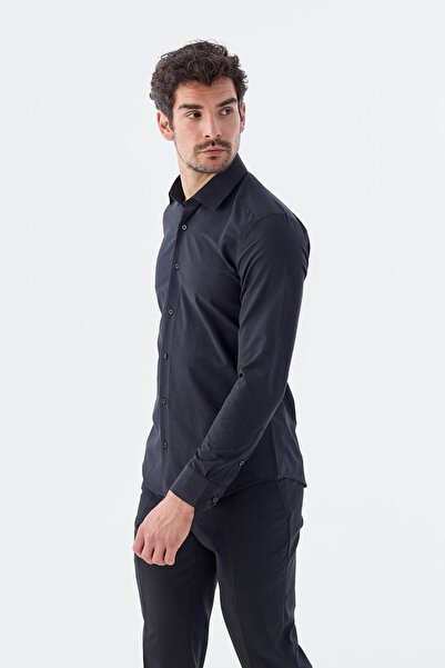 Jakamen Μαύρο Slim Fit Ανδρικό πουκάμισο χωρίς τσέπες
