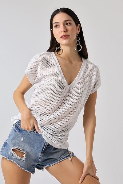 Devinka Tricou de damă oversize, ajurat, cu decolteu în V, confortabil, alb