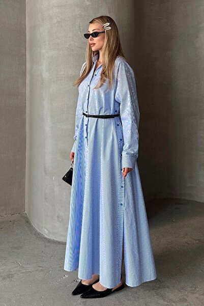 Olcay Φαρδύ φόρεμα ποπλίνα με λεπτομέρεια στο πλάι με κουμπιά ΜΠΛΕ-ΛΕΥΚΟ 9316-E