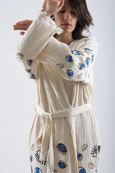 REİNA TEKS Peshtemal Bathrobe Pareo Cotton Beach Mixed Eye Pattern 1 Piece Unisex Beachwear Kimono Kaftan