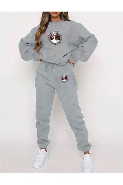 RPT MODA Oversized Statue Printed Detailed Bicycle Collar Double Team Tracksuit