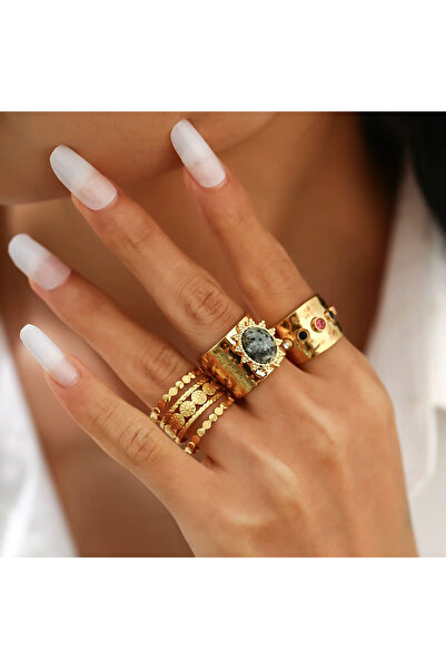 Girift Vintage Yule 3 Adet Gold Taşlı Güneş Detaylı Yüzük Seti