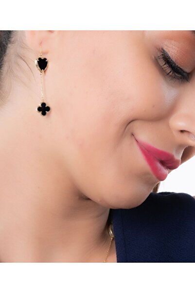 YCL JEWELLERY Altın (ÇİFT) Siyah Onix Taşlı Kalp Yonca Sallantılı Küpe