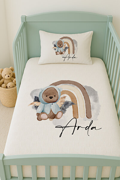 Lilabio %100 Pamuk İsme Özel İsimli 100x150 cm Pike Seti Mavi Hırkalı Ayıcık