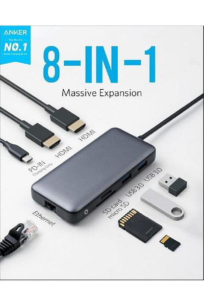 COOYA موزع USB-C 8 في 1، محول HDMI مزدوج بدقة 4K، قاعدة إيثرنت بسرعة 1 جيجابت في الثانية، توصيل طاقة 100 وات