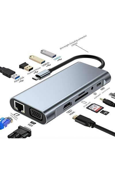 COOYA موزع USB C 11 في 1، HDMI 4K، VGA، Type C PD 100W، USB 3.0، RJ45 100M Ethernet، قارئ بطاقات SD/TF