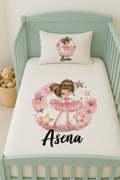 Lilabio %100 Pamuk İsme Özel İsimli 100x150 cm Pike Seti Pembeli Balerin