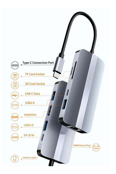 COOYA Docking Station USB C Hub, 9 in 1 with 100W PD Charging 4K HDMI, SD/TF Card Reader, LED Indicator