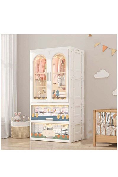 COOYA 4-layer foldable children's wardrobe,stackable,with double doors,side handles and two drawers,white