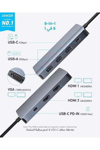 COOYA محطة إرساء USB C 8 في 1 مزودة بثلاثة منافذ عرض متعددة مع منفذين HDMI بدقة 4K ومنفذ VGA بدقة 1080 بكسل