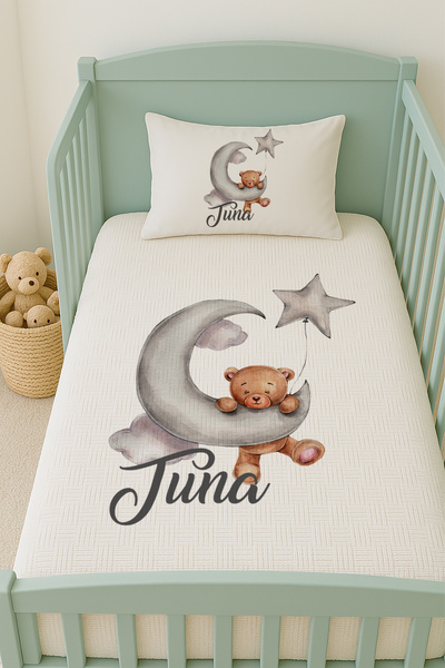 Lilabio %100 Pamuk İsme Özel İsimli 100x150 cm Pike Seti Aydan Sallanan Ayıcık