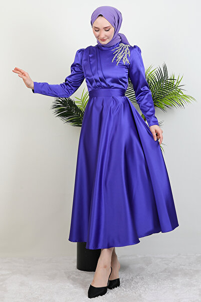 GİZ AGİYİM Purple Satin Evening Dress - Shoulder Stoned