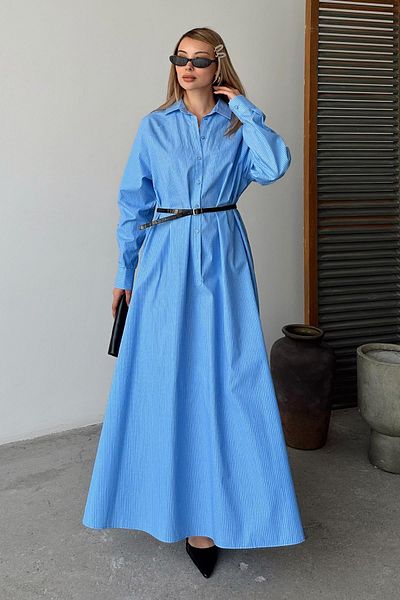 Olcay Loose Poplin Dress with Button Detail on the Sides A. Blue-White 9316-E