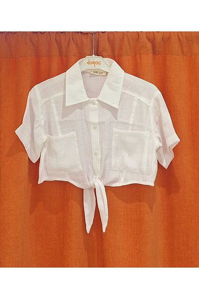 Çikoby Girl's Tie-Up Crop Linen Shirt