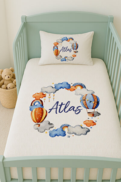 Lilabio %100 Pamuk İsme Özel İsimli 100x150 cm Pike Seti Mavi Balon ve Bulutlar