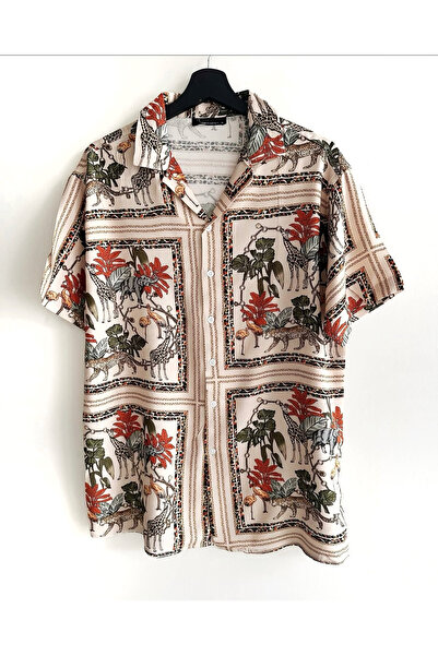 Hazhers Erkek Oversize Gömlek Yaka Kısa Kollu Viskon Yazlık Gömlek