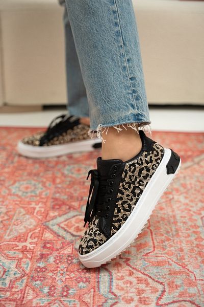 LamintaGlobal Pantofi sport confortabili pentru femei cu model leopard negru-auriu