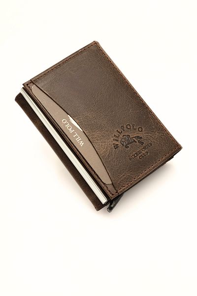 willpolo Genuine Cowhide Natural Automatic Crazy Brown Card Holder Wallet with Pouch Compartment Mechanism