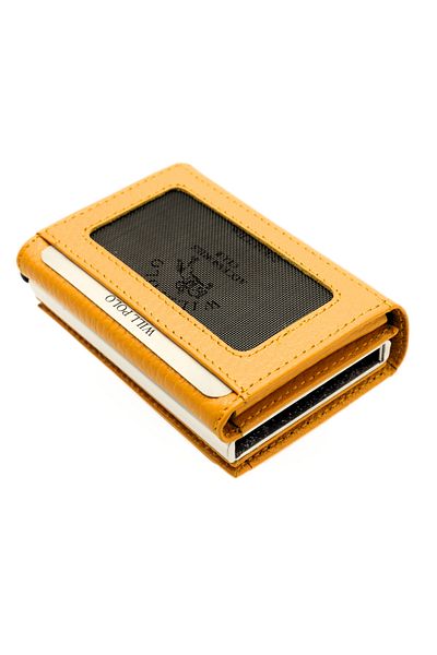 willpolo Genuine Calfskin Natural Pouch Compartment Mechanism Automatic Yellow Card Holder Wallet