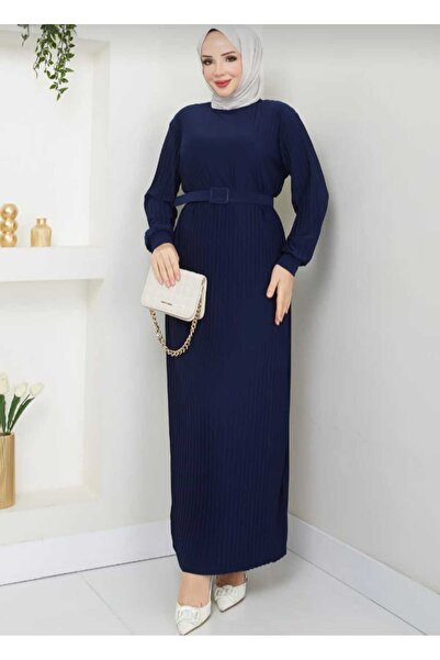 ECK MODA Kadın Pliseli Kemerli Sandy Kumaş Full Likralı Esnek Elbise