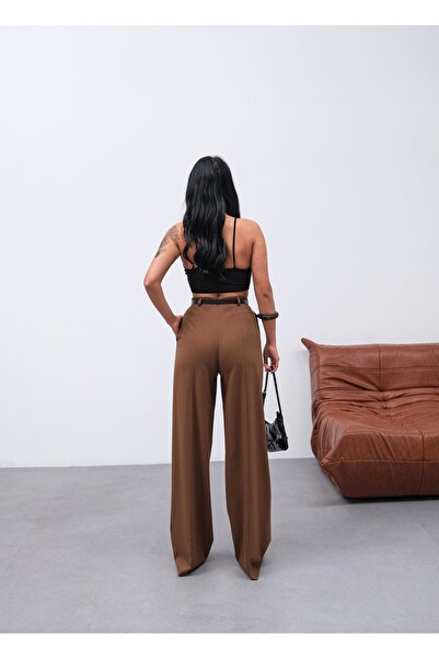 OUZ Fashion Kadın Poly Viscose Kemerli ve Dökümlü Palazzo Pantolon (Kemer Dahildir)