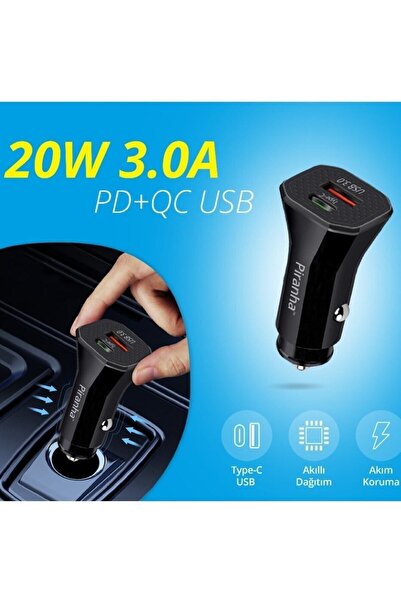 Piranha 3378 Araç Çakmaklık Şarj Aleti Type-C - USB / 20W Araç Şarj Soketi / Tüm Araç ve Arabalara Uyumlu