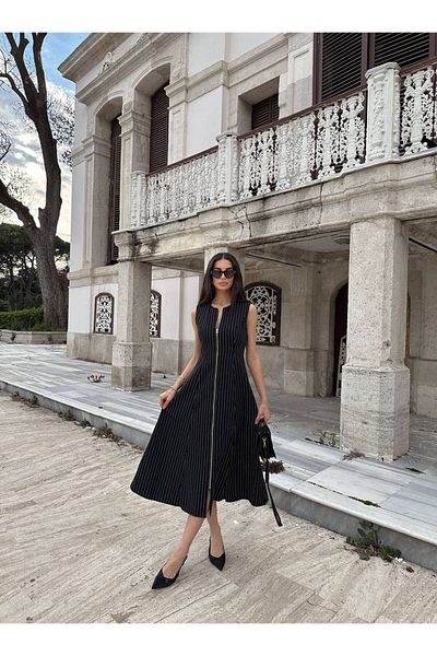 LOCH BUTİK Rochie midi cu fermoar cu dungi negre de damă