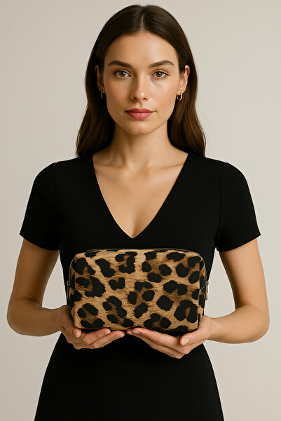 Bersia Черна дамска чантичка за гримове с леопардов принт - водоустойчив органайзер за пътуване, с цип, преносима