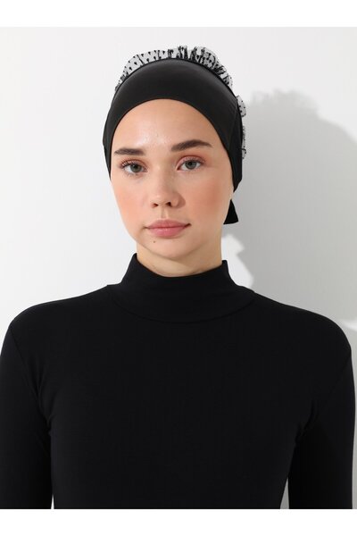 TUVA Fırfırlı Saten Bağcıklı Bone- Siyah - Tuva