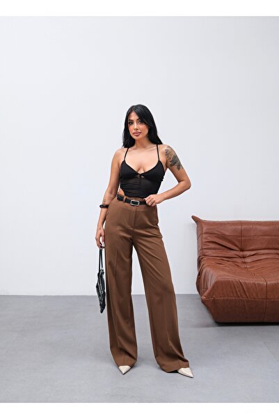 OUZ Fashion Kadın Poly Viscose Kemerli ve Dökümlü Palazzo Pantolon (Kemer Dahildir)